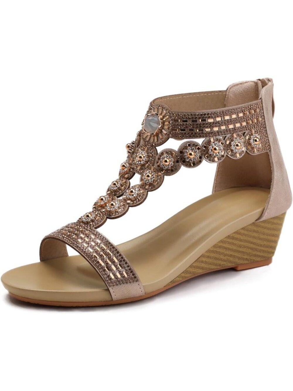 Women's 1452-Gold Slide Wedge Sandal Open Toe High Heel Zipper Back Platform